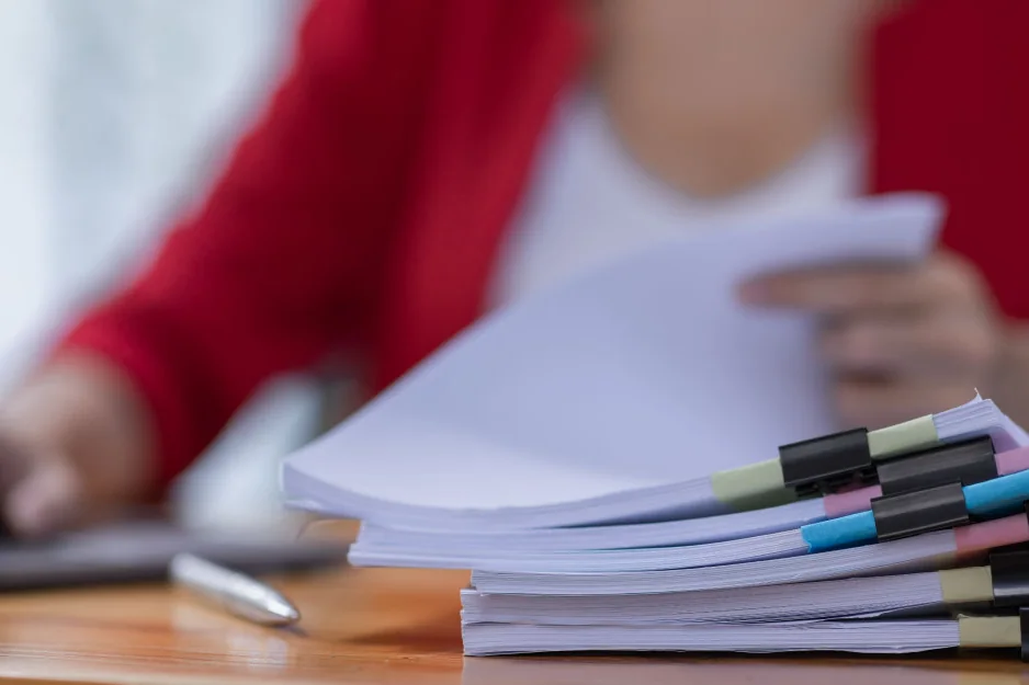 Professional reviewing an organized stack of documents — document translation services by Loop Translate